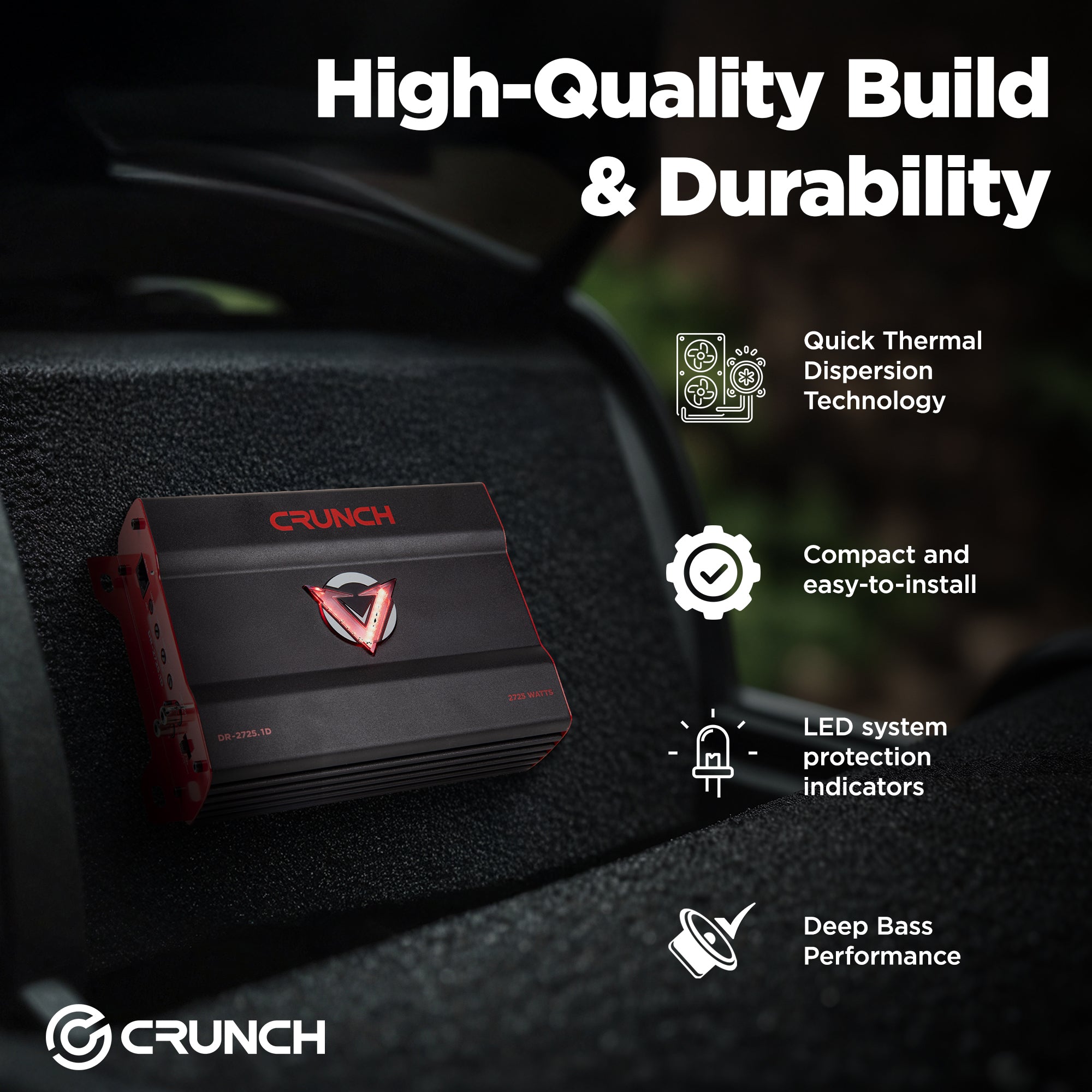 Crunch 2725W Mono block Subwoofer Car Audio Amp, Adjustable Crossover, Bass Knob - VMInnovations