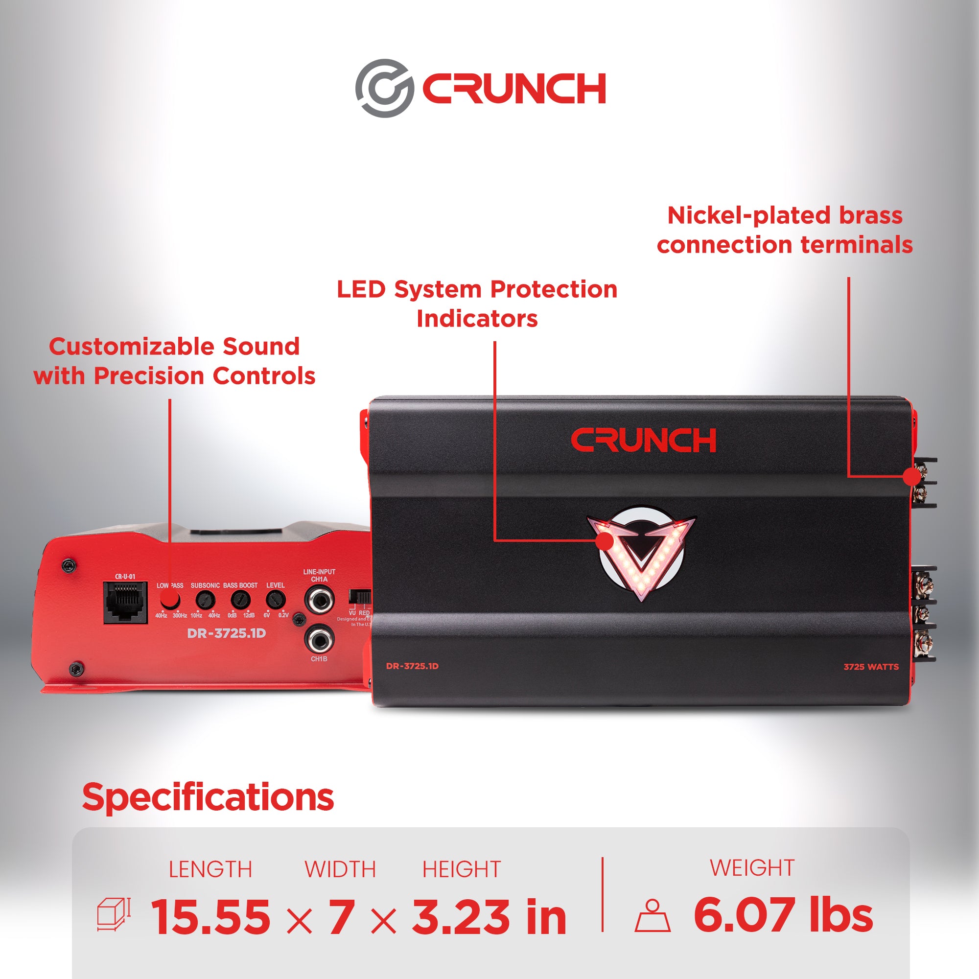 Crunch 3725W Monoblock Subwoofer Car Audio Amp, Adjustable Crossovers, Bass Knob - VMInnovations