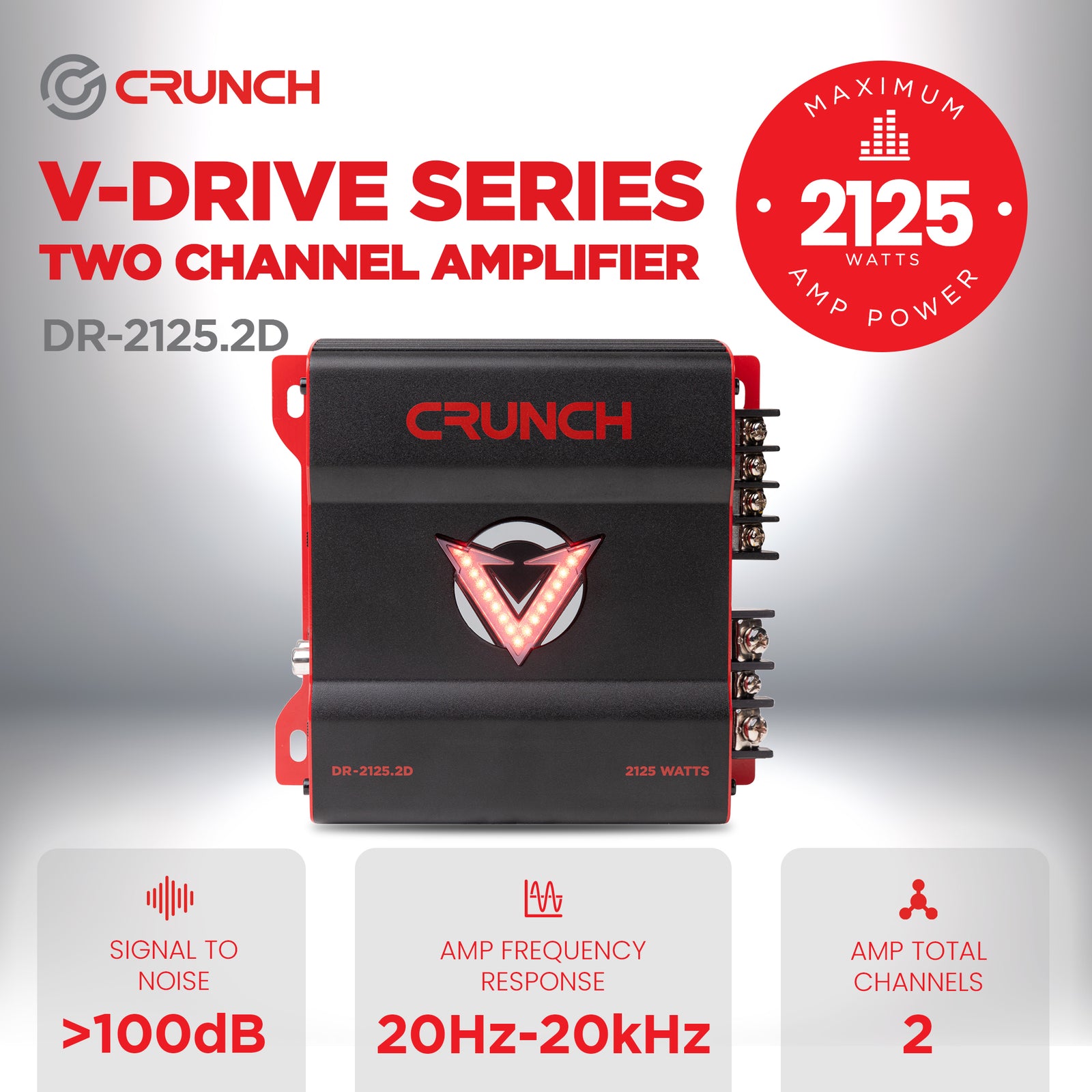 Crunch 2125W 2 Channel Subwoofer Car Audio Amp, Adjustable Crossovers, Bass Knob - VMInnovations