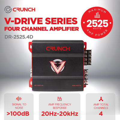 Crunch 2525W 4 Channel Subwoofer Car Audio Amp, Adjustable Crossovers, Bass Knob - VMInnovations