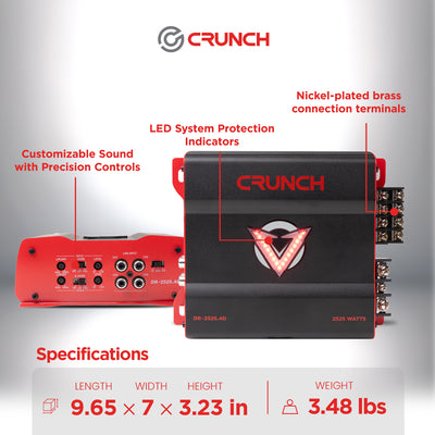 Crunch 2525W 4 Channel Subwoofer Car Audio Amp, Adjustable Crossovers, Bass Knob - VMInnovations