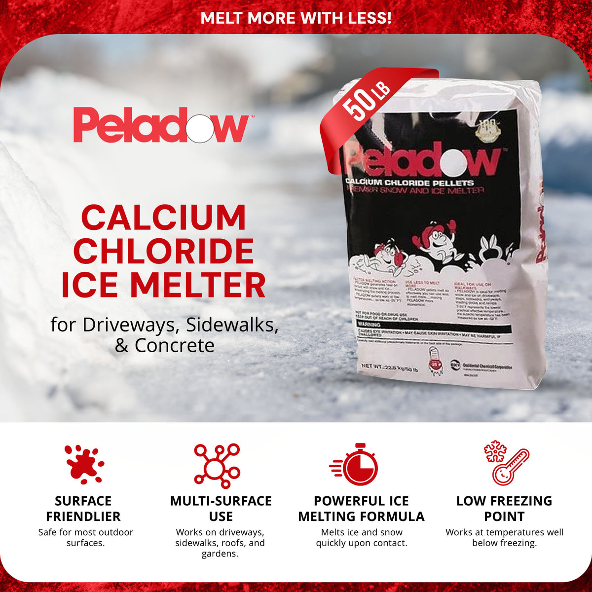 Peladow Ice Melt Calcium Chloride, Melts Ice to -25 Degrees Fahrenheit, 50 Lb, PD50