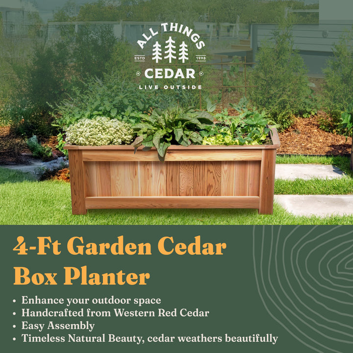 All Things Cedar 4 Foot Cedar Box Planter, Elevated Outdoor Garden Bed, Natural