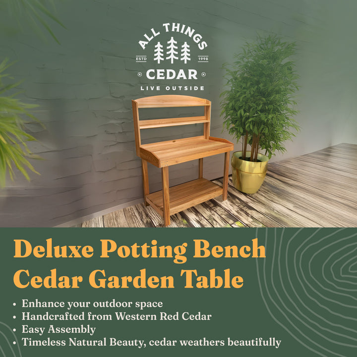 All Things Cedar Deluxe Potting Bench, Outdoor Garden & Plant Workstation Table