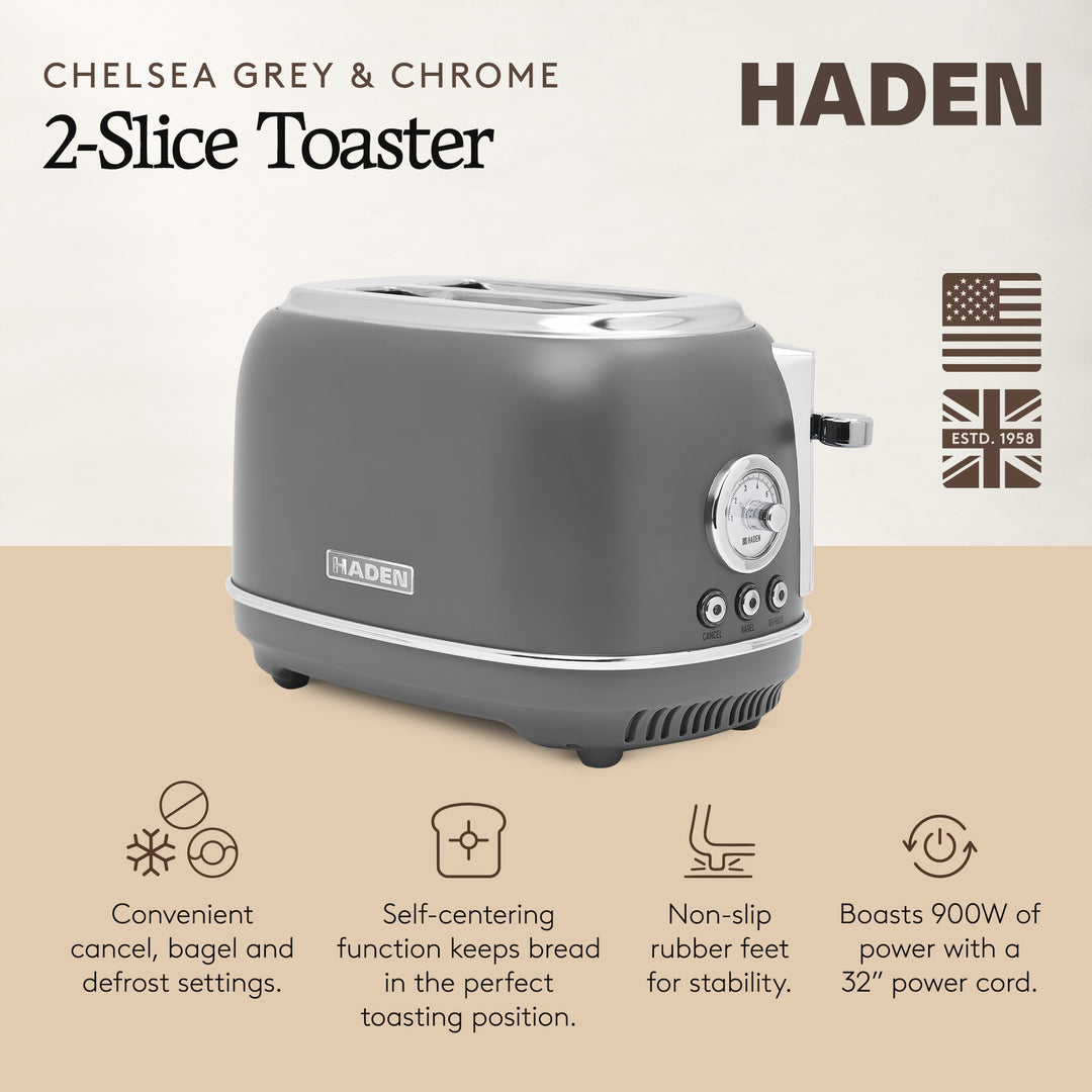 Haden Chelsea Stainless Steel 2 Slice Toaster, Extra Wide Slots, Grey & Chrome