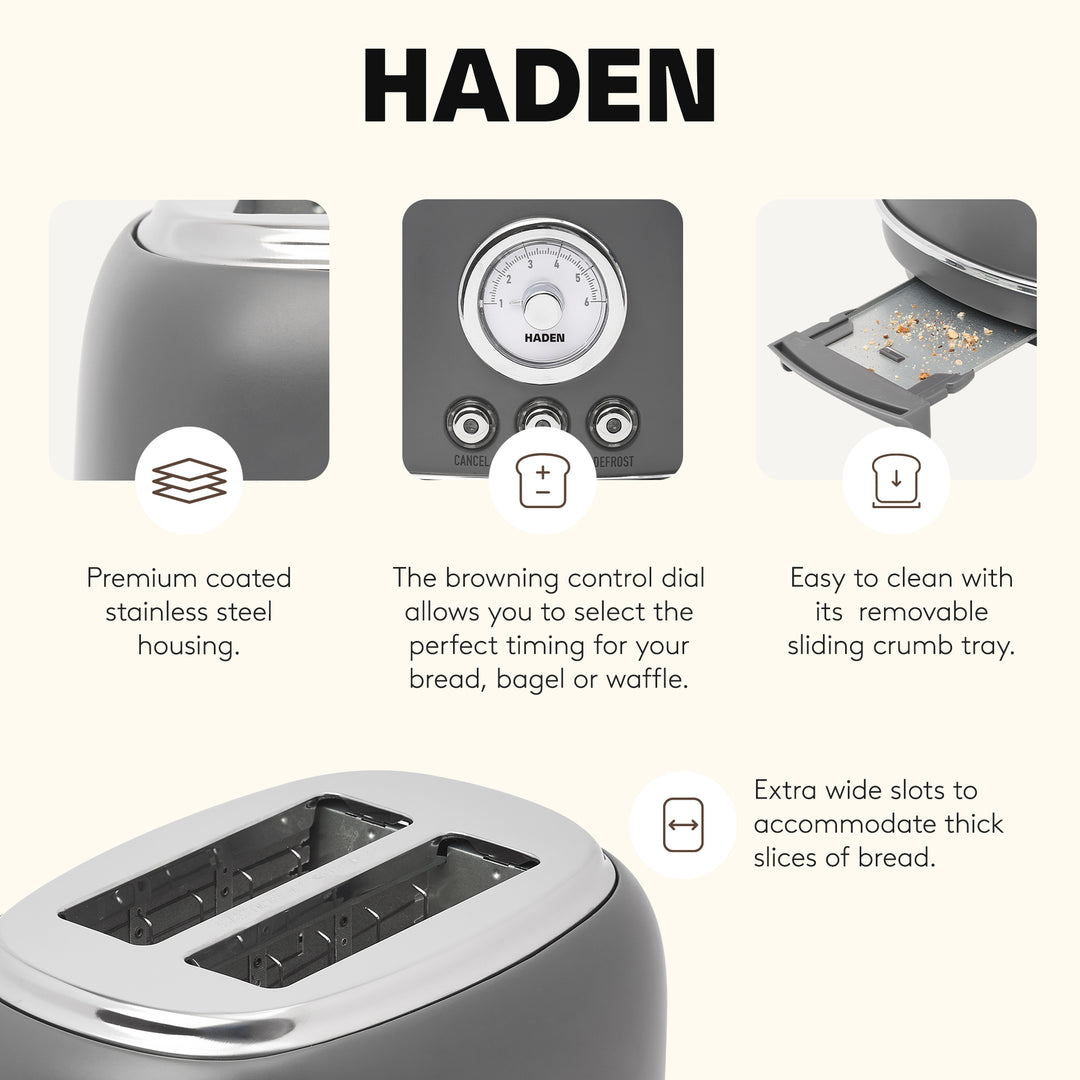 Haden Chelsea Stainless Steel 2 Slice Toaster, Extra Wide Slots, Grey & Chrome