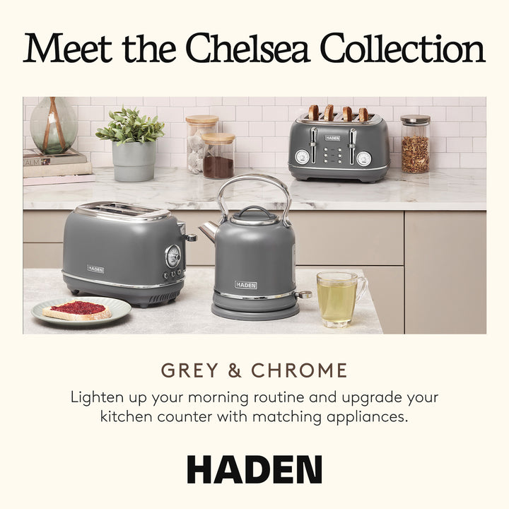 Haden Chelsea Stainless Steel 2 Slice Toaster, Extra Wide Slots, Grey & Chrome