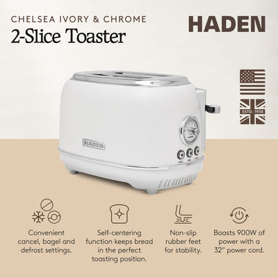 Haden Chelsea Stainless Steel 2 Slice Toaster, Extra Wide Slots, Ivory & Chrome - VMInnovations