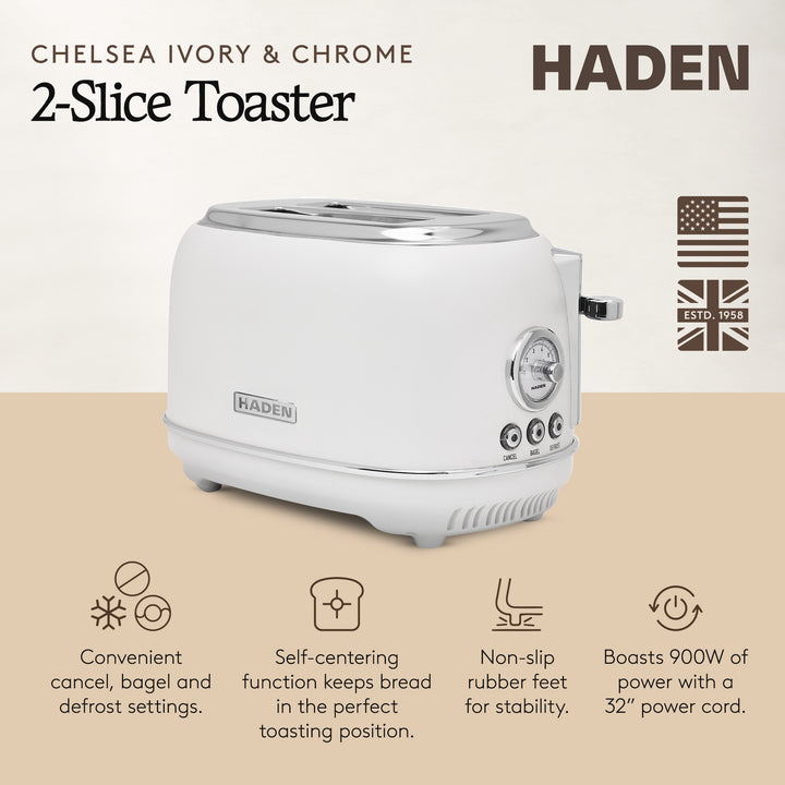 Haden Chelsea Stainless Steel 2 Slice Toaster, Extra Wide Slots, Ivory & Chrome
