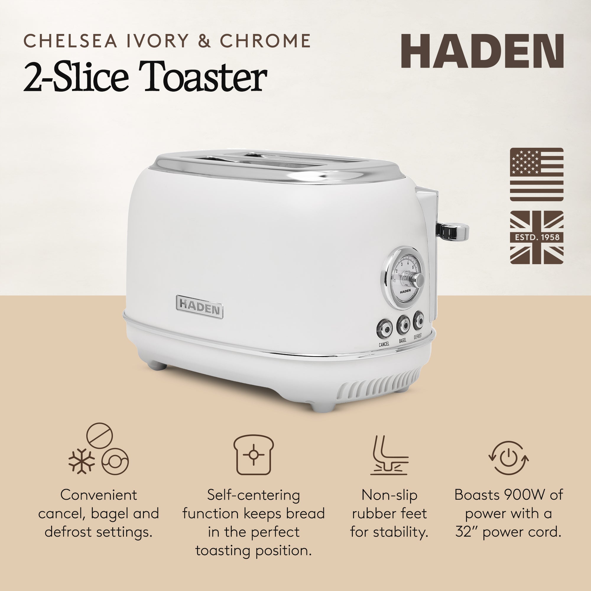 Haden Chelsea Stainless Steel 2 Slice Toaster, Extra Wide Slots, Ivory(Open Box)