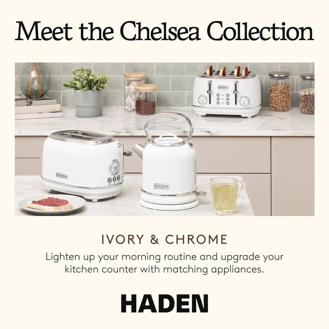 Haden Chelsea Stainless Steel 2 Slice Toaster, Extra Wide Slots, Ivory & Chrome