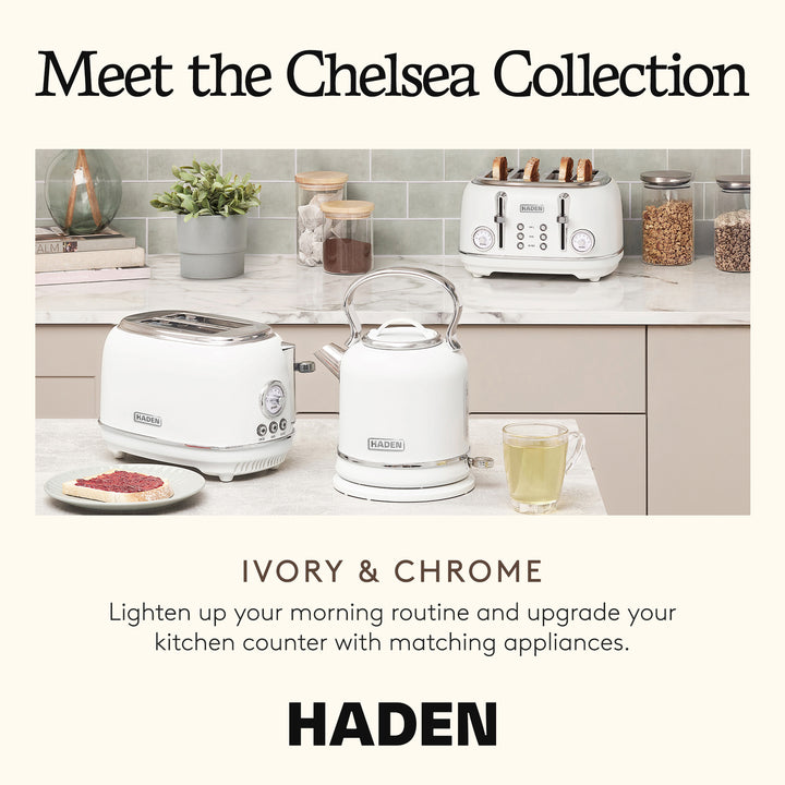 Haden Chelsea Stainless Steel 2 Slice Toaster, Extra Wide Slots, Ivory & Chrome