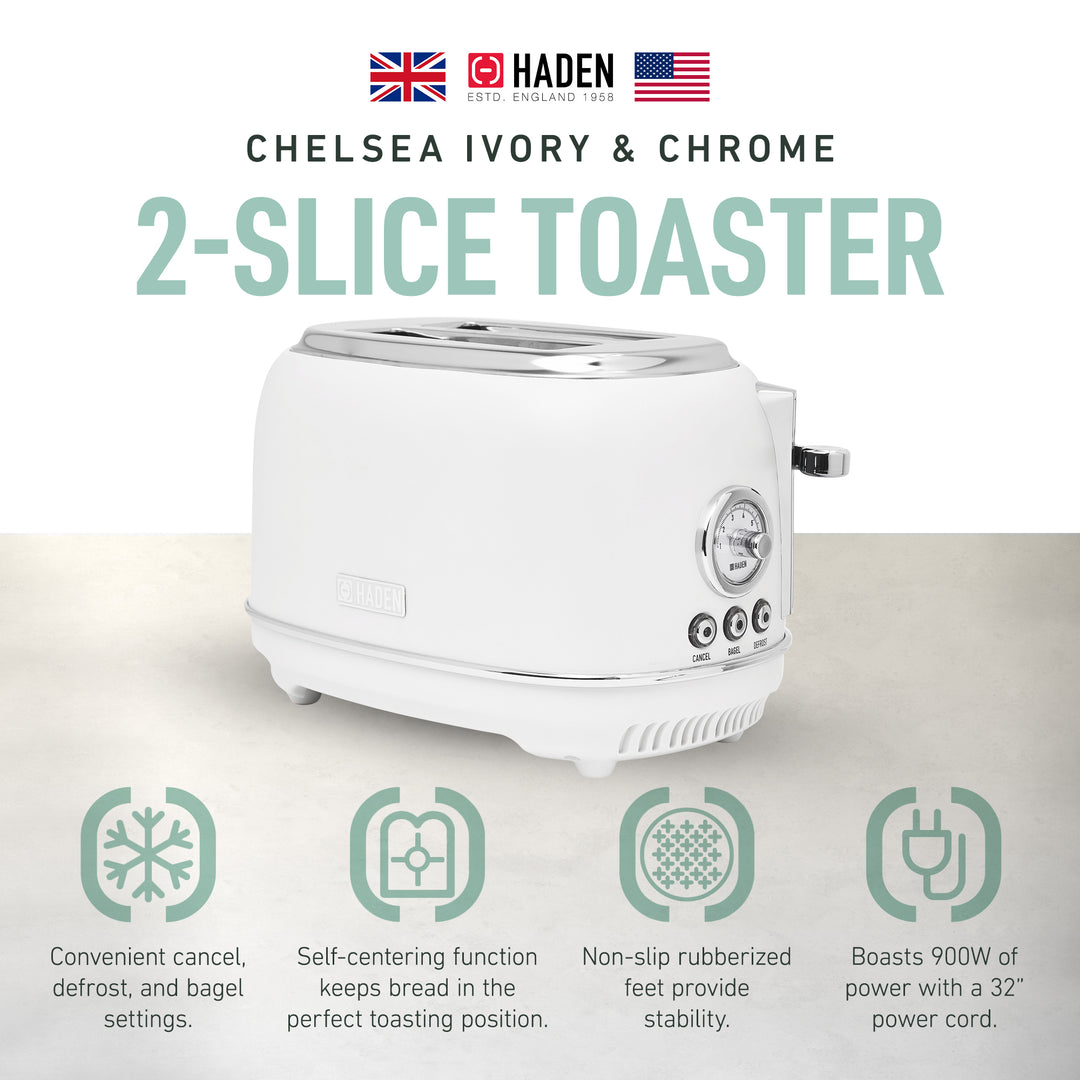 Haden Chelsea Stainless Steel 2 Slice Toaster, Extra Wide Slots, Ivory(Open Box)