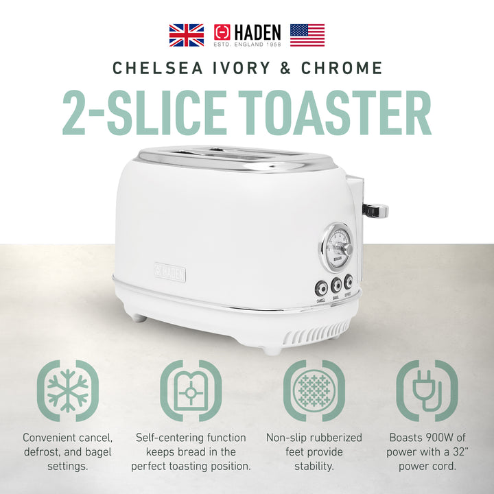 Haden Chelsea Stainless Steel 2 Slice Toaster, Extra Wide Slots, Ivory(Open Box)