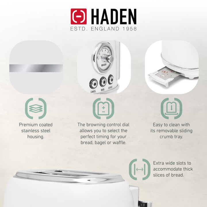 Haden Chelsea Stainless Steel 2 Slice Toaster, Extra Wide Slots, Ivory(Open Box)