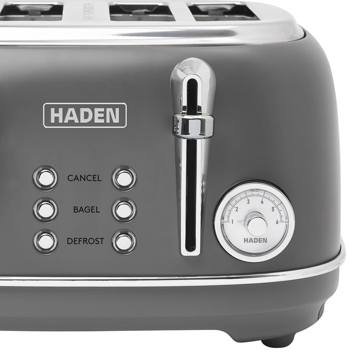 Haden Chelsea Stainless Steel 4 Slice Toaster, Extra Wide Slots, Grey & Chrome