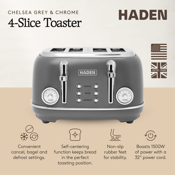 Haden Chelsea Stainless Steel 4 Slice Toaster, Extra Wide Slots, Grey & Chrome