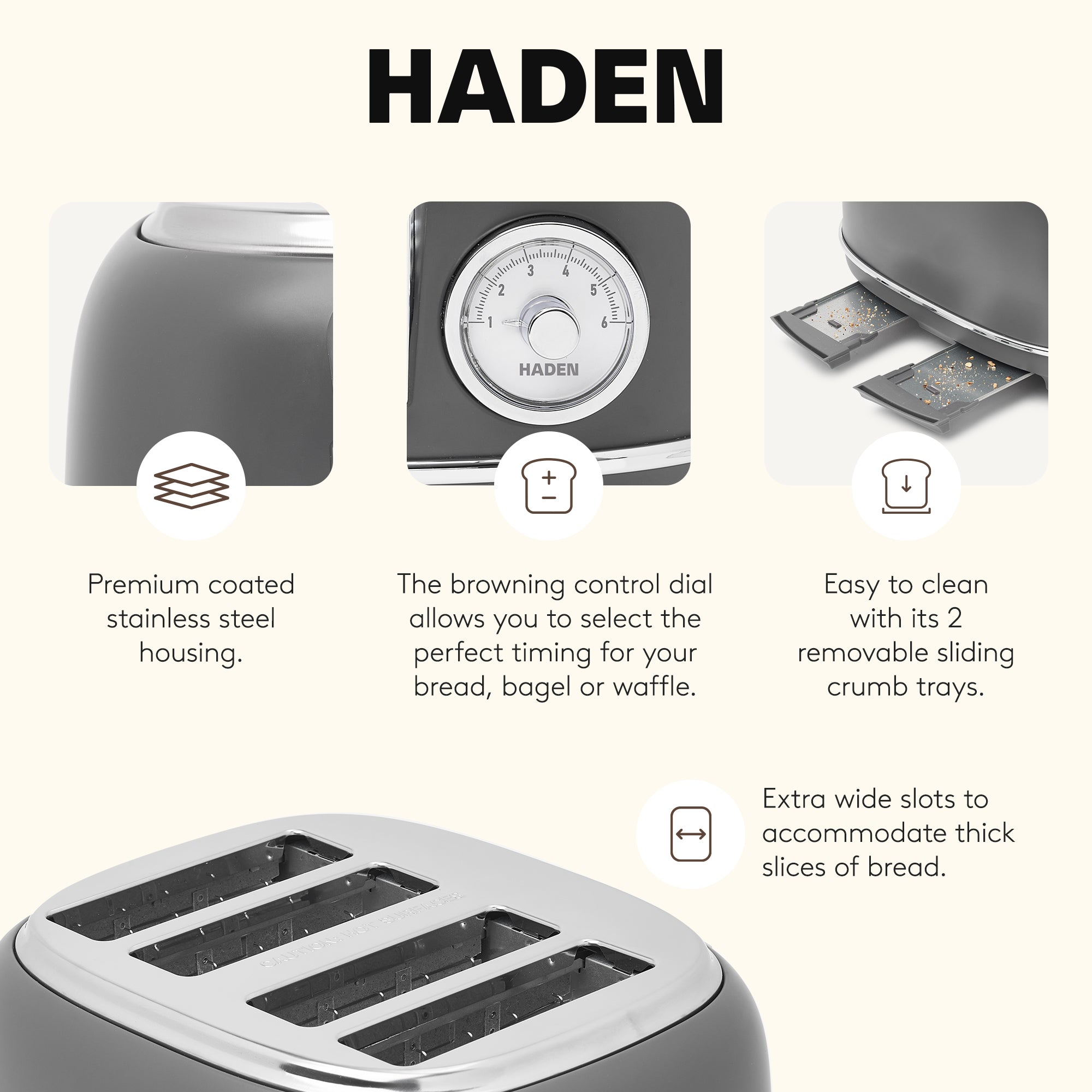 Haden Chelsea Stainless Steel 4 Slice Toaster, Extra Wide Slots, Grey & Chrome - VMInnovations