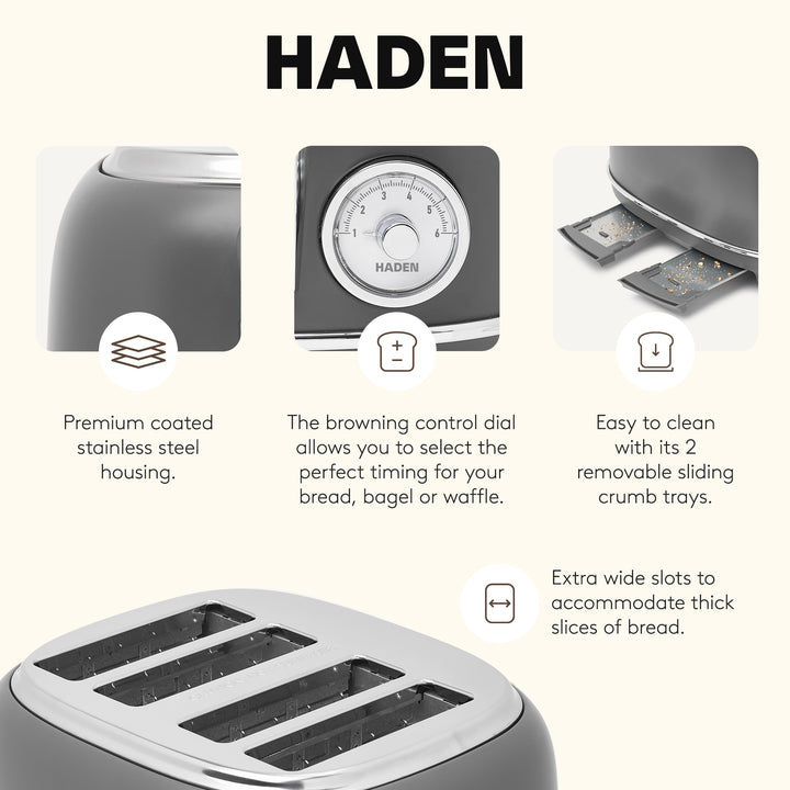 Haden Chelsea Stainless Steel 4 Slice Toaster, Extra Wide Slots, Grey & Chrome