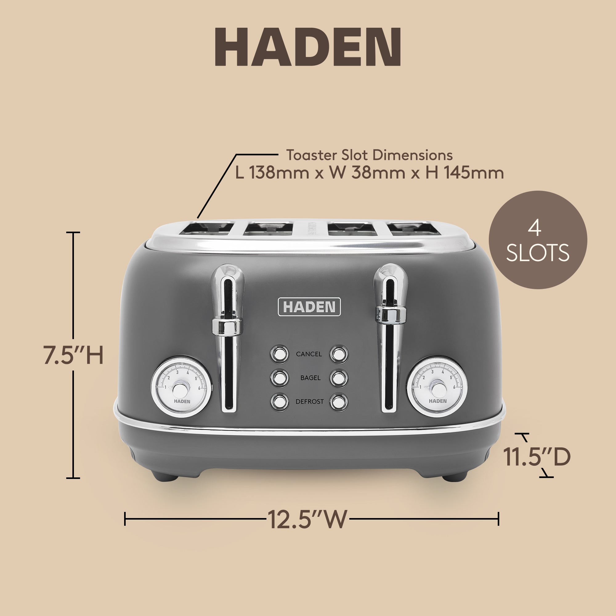 Haden Chelsea Stainless Steel 4 Slice Toaster, Extra Wide Slots, Grey & Chrome - VMInnovations