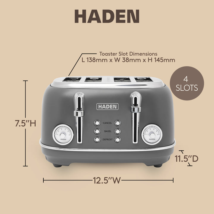 Haden Chelsea Stainless Steel 4 Slice Toaster, Extra Wide Slots, Grey & Chrome