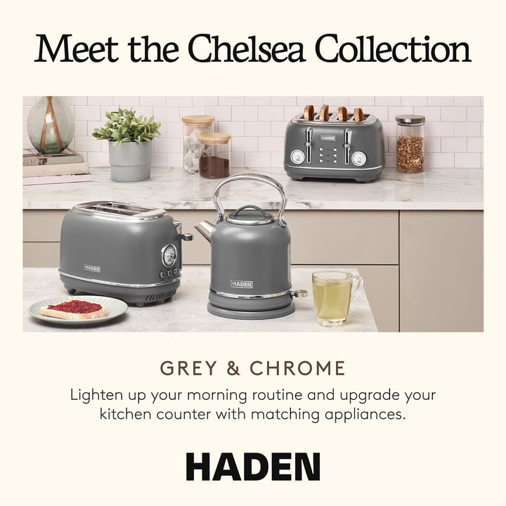 Haden Chelsea Stainless Steel 4 Slice Toaster, Extra Wide Slots, Grey & Chrome