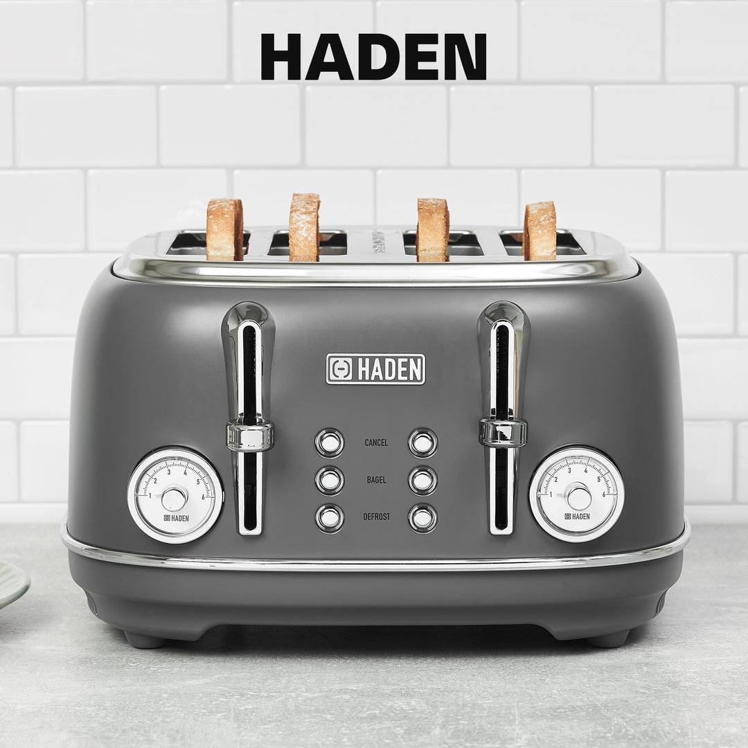 Haden Chelsea Stainless Steel 4 Slice Toaster, Extra Wide Slots, Grey & Chrome