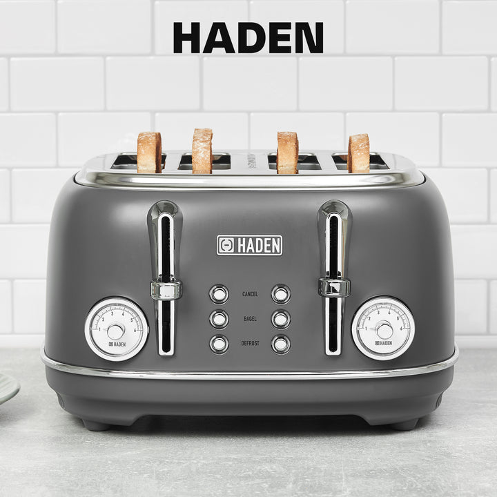Haden Chelsea Stainless Steel 4 Slice Toaster, Extra Wide Slots, Grey & Chrome