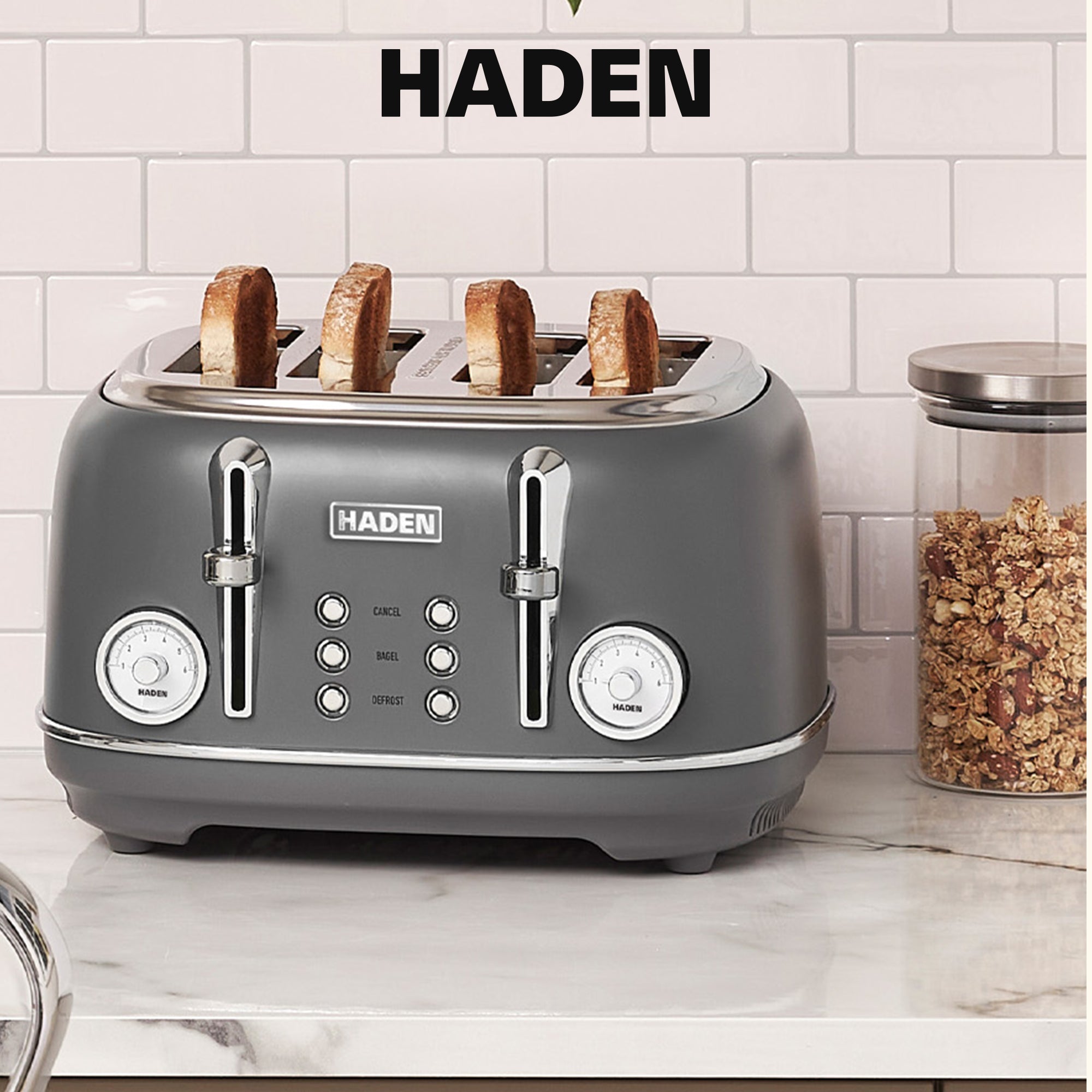 Haden Chelsea Stainless Steel 4 Slice Toaster, Extra Wide Slots, Grey & Chrome - VMInnovations