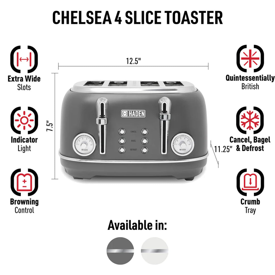 Haden Chelsea Stainless Steel 4 Slice Toaster, Extra Wide Slots, Grey & Chrome