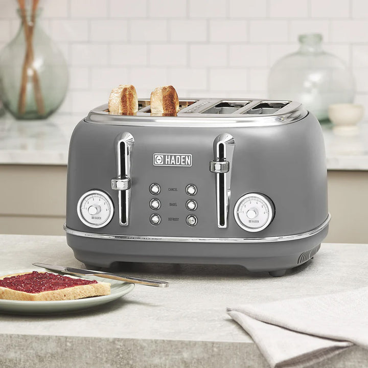 Haden Chelsea Stainless Steel 4 Slice Toaster, Extra Wide Slots, Grey & Chrome