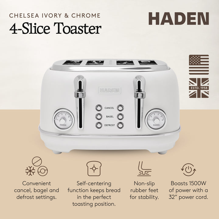 Haden Chelsea Stainless Steel 4 Slice Toaster, Extra Wide Slots, Ivory & Chrome