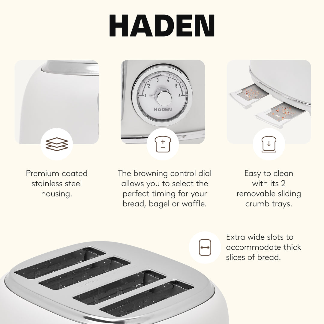 Haden Chelsea Stainless Steel 4 Slice Toaster, Extra Wide Slots, Ivory & Chrome