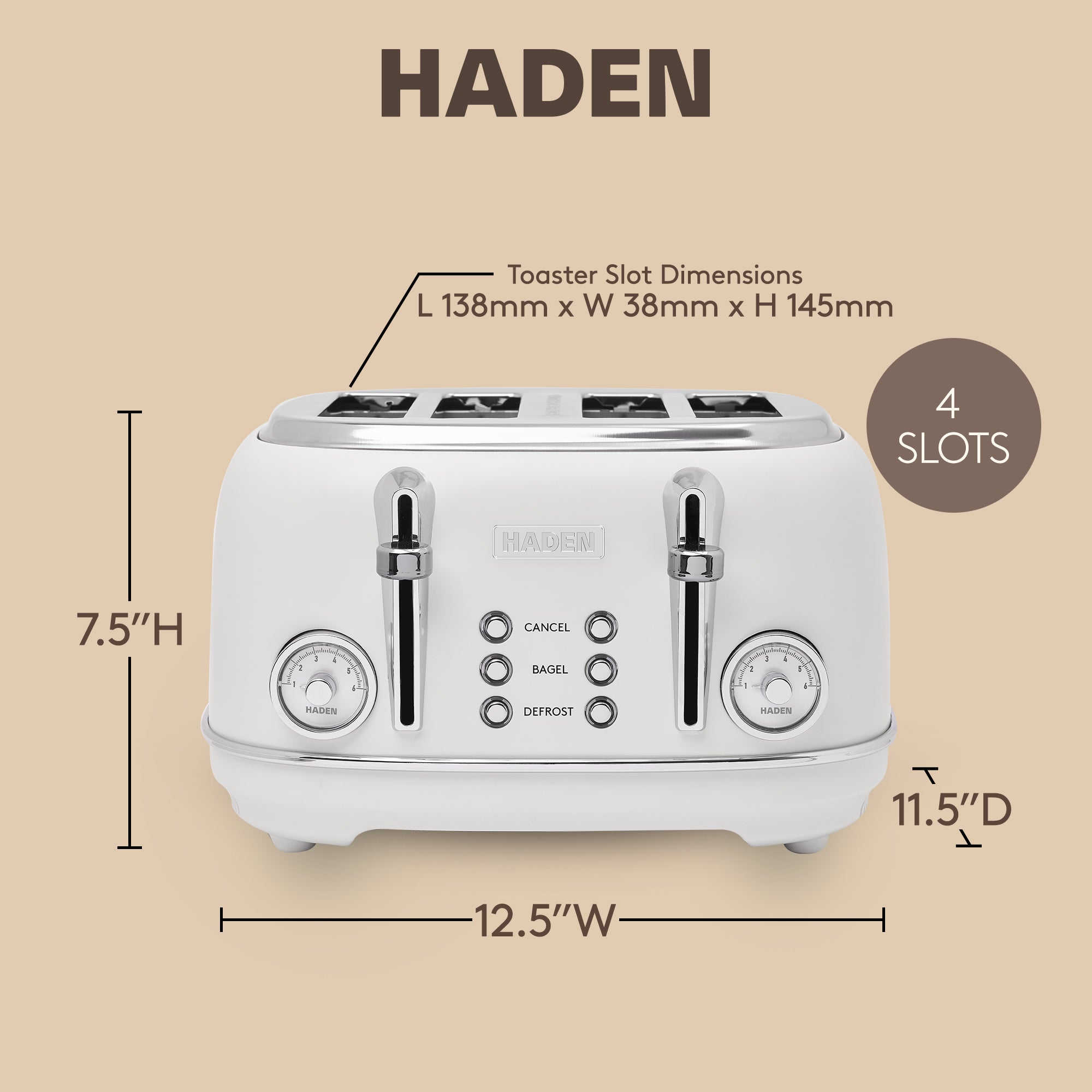 Haden Chelsea Stainless Steel 4 Slice Toaster, Extra Wide Slots, Ivory & Chrome - VMInnovations