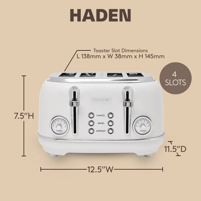 Haden Chelsea Stainless Steel 4 Slice Toaster, Extra Wide Slots, Ivory & Chrome - VMInnovations