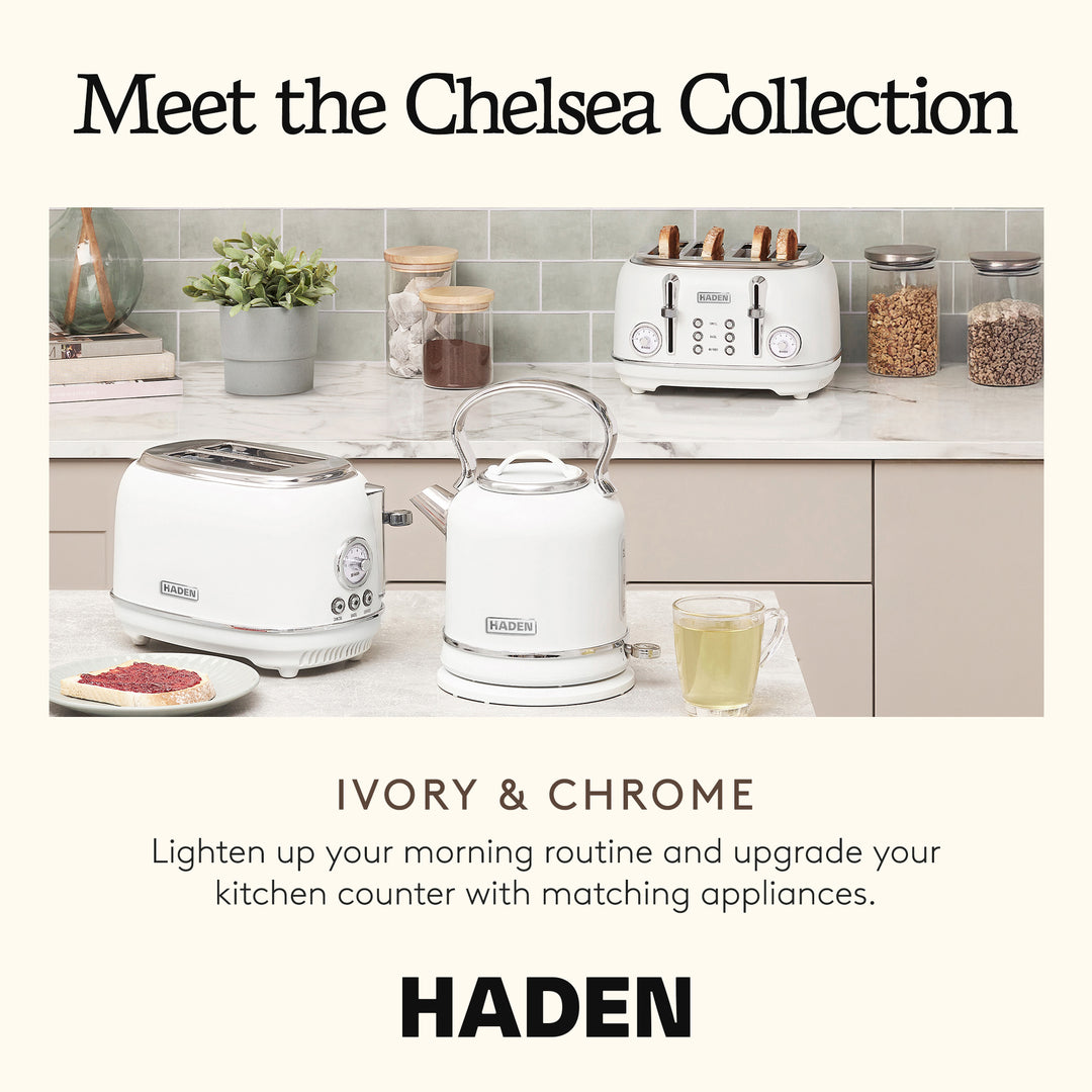 Haden Chelsea Stainless Steel 4 Slice Toaster, Extra Wide Slots, Ivory & Chrome