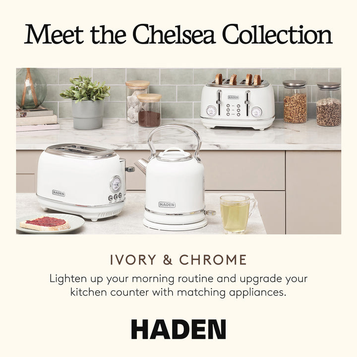 Haden Chelsea Stainless Steel 4 Slice Toaster, Extra Wide Slots, Ivory & Chrome