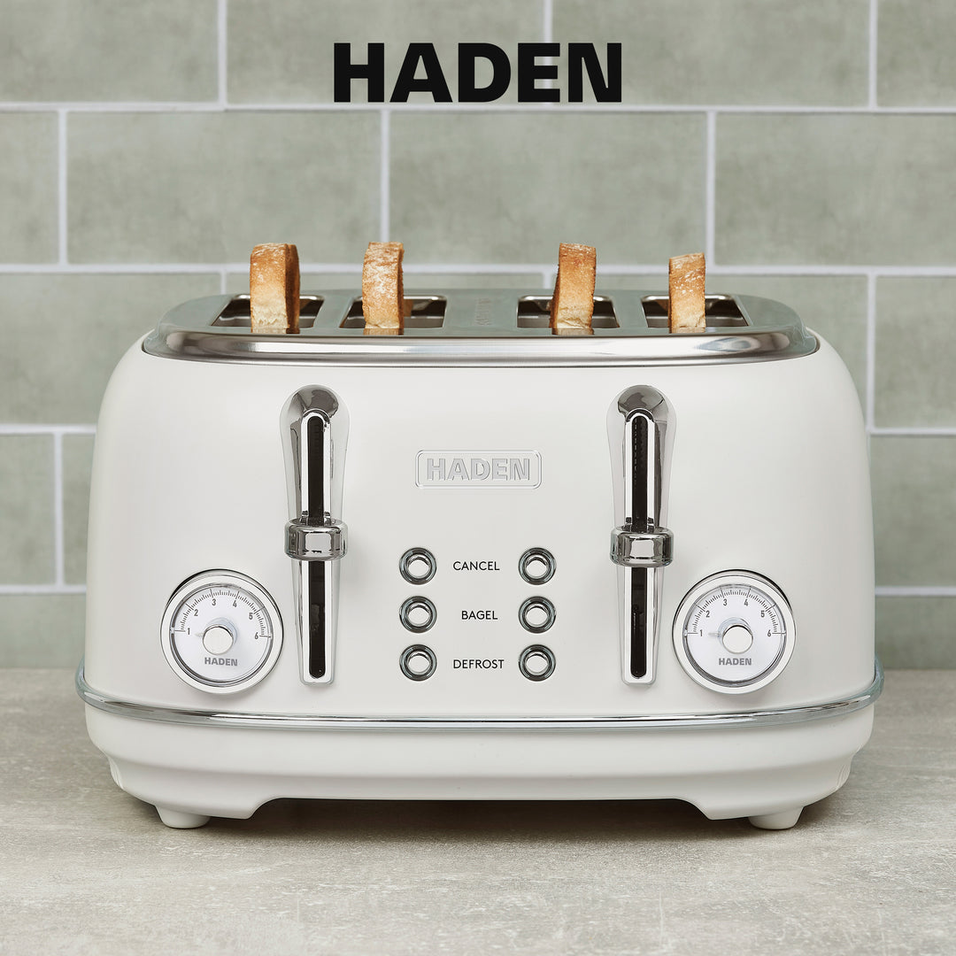 Haden Chelsea Stainless Steel 4 Slice Toaster, Extra Wide Slots, Ivory & Chrome