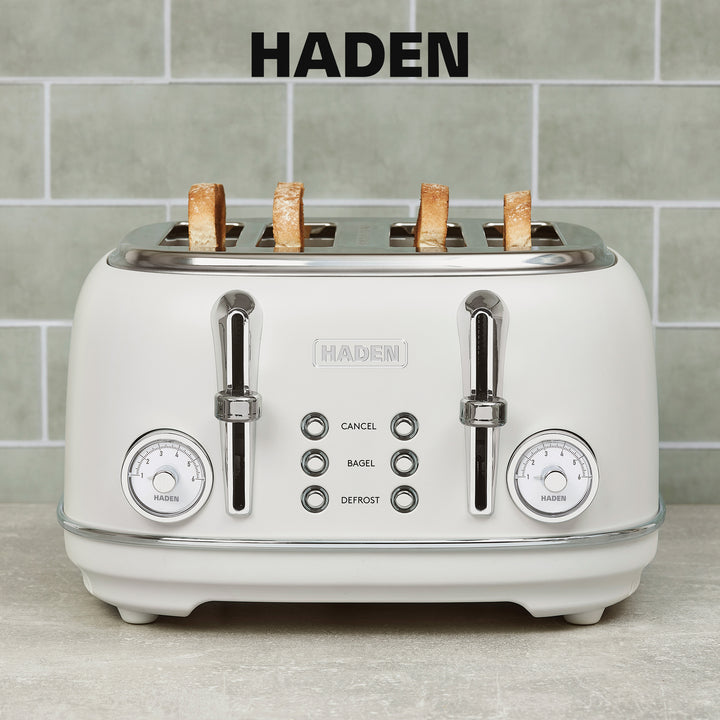 Haden Chelsea Stainless Steel 4 Slice Toaster, Extra Wide Slots, Ivory & Chrome