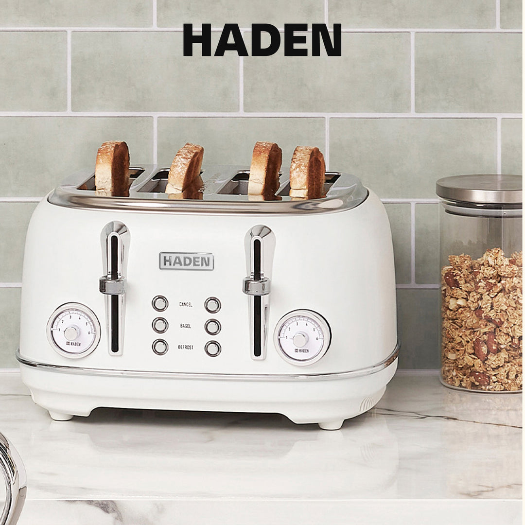 Haden Chelsea Stainless Steel 4 Slice Toaster, Extra Wide Slots, Ivory & Chrome