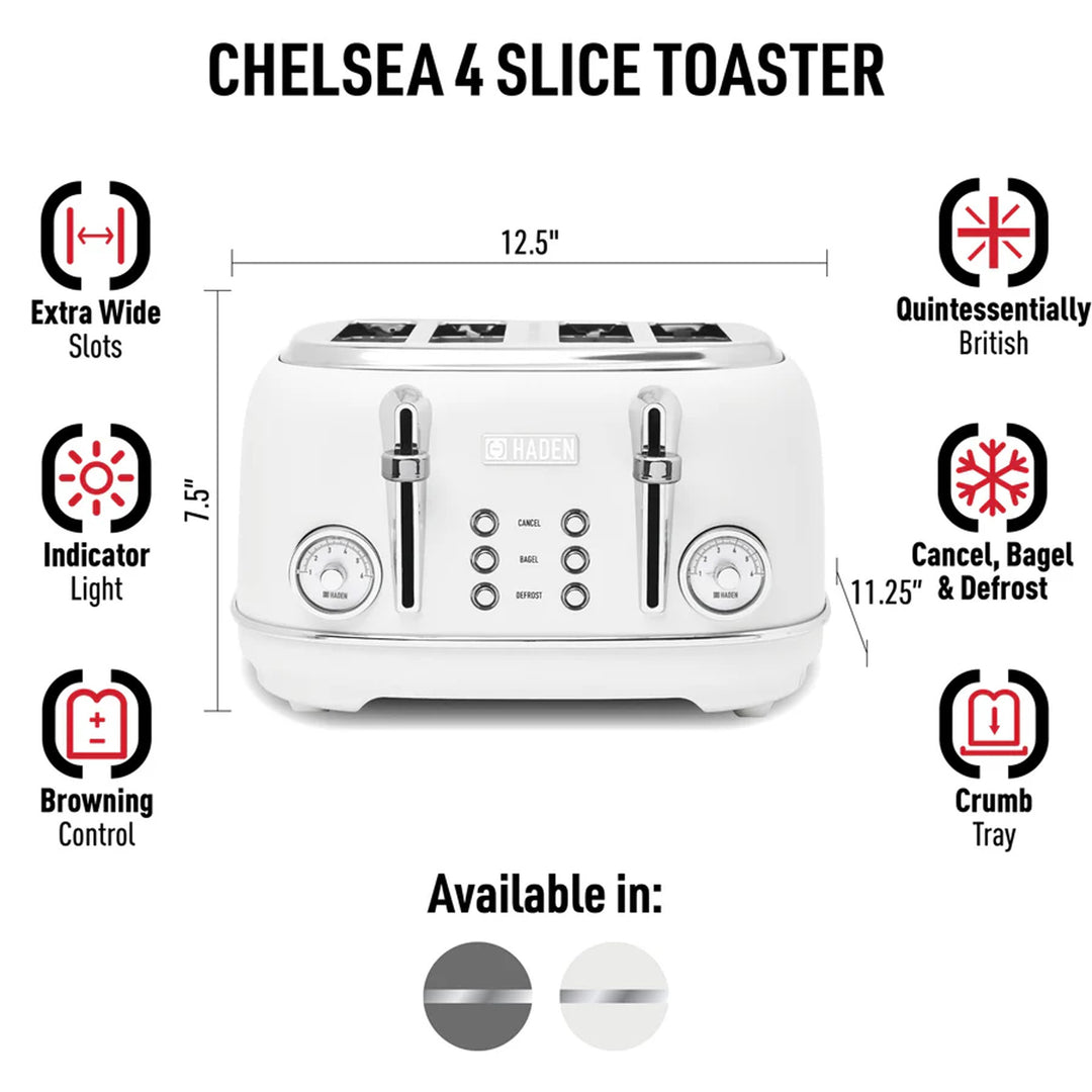 Haden Chelsea Stainless Steel 4 Slice Toaster, Extra Wide Slots, Ivory & Chrome