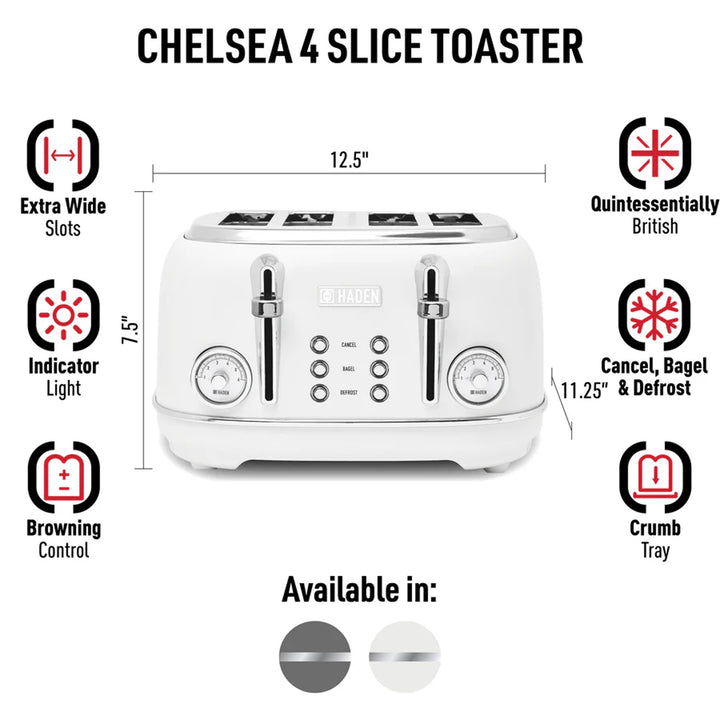 Haden Chelsea Stainless Steel 4 Slice Toaster, Extra Wide Slots, Ivory & Chrome