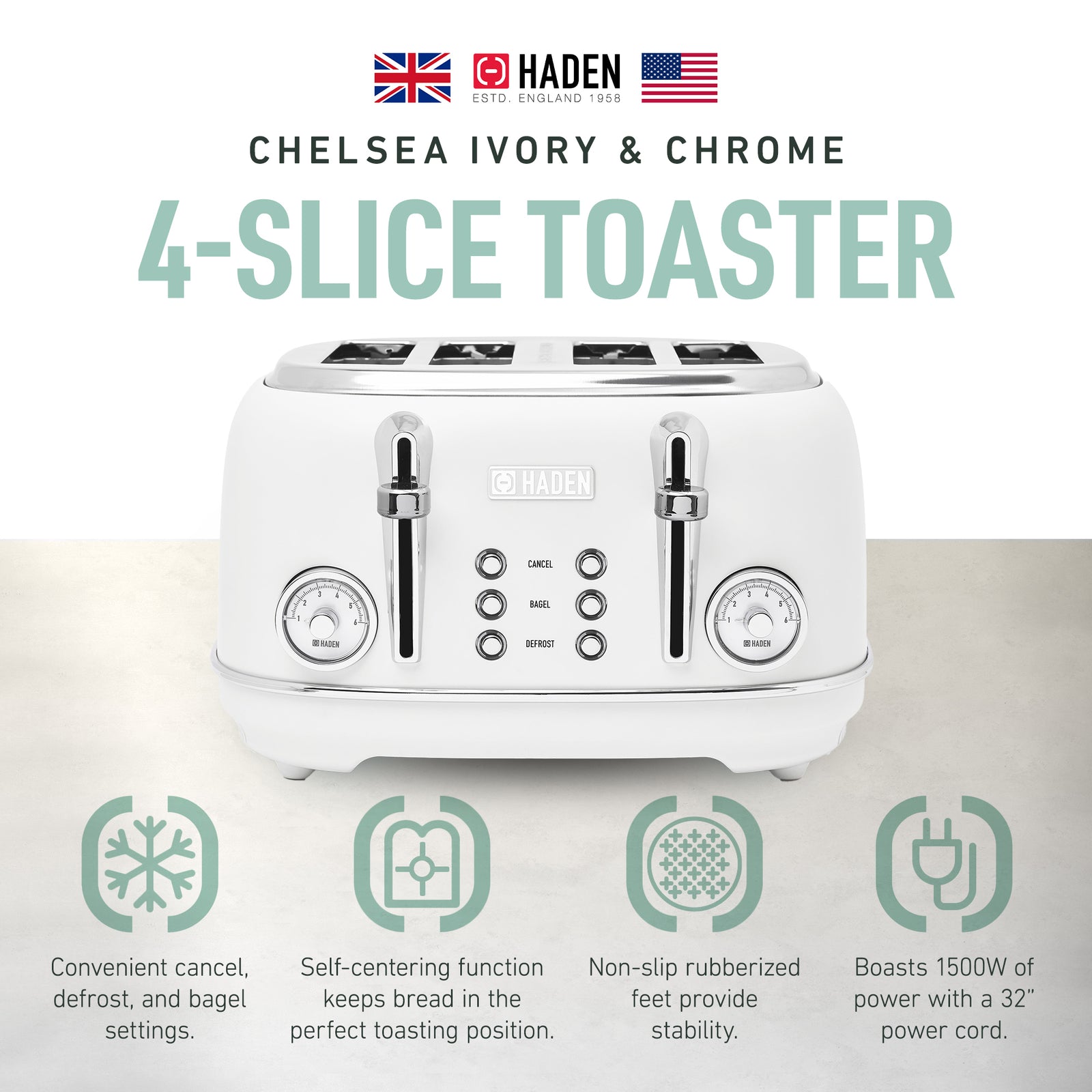 Haden Chelsea Stainless Steel 4 Slice Toaster, Extra Wide Slots (Open Box) - VMInnovations