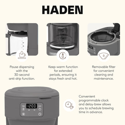 Haden Chelsea 10 Cup Digital Drip Coffee Maker with Glass Carafe, Grey & Chrome - VMInnovations