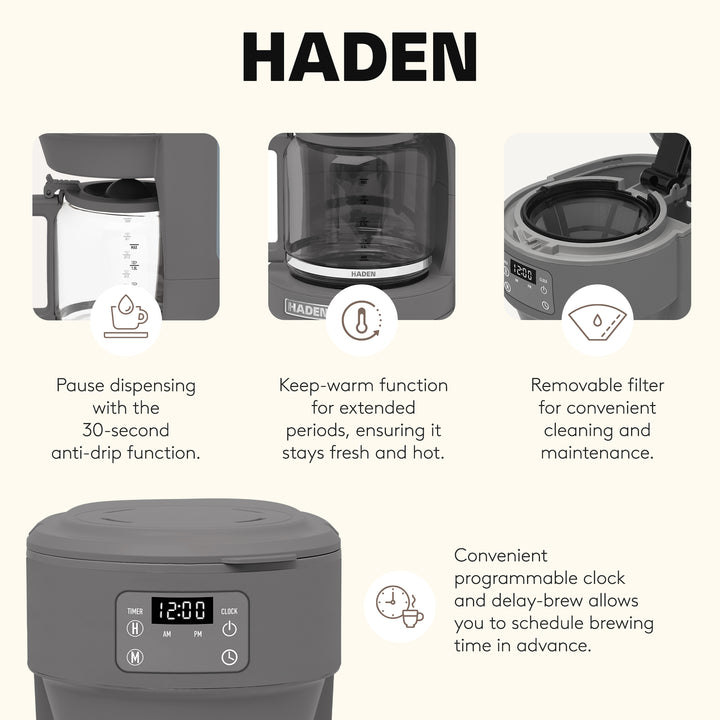 Haden Chelsea 10 Cup Digital Drip Coffee Maker with Glass Carafe, Grey & Chrome