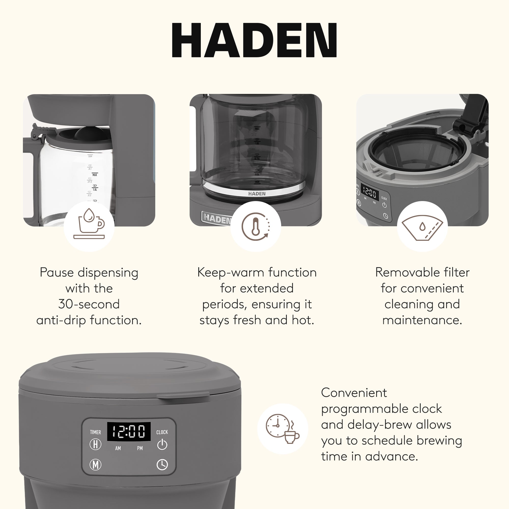 Haden 10 Cup Digital Drip Coffee Maker w/Glass Carafe, Grey & Chrome (Open Box) - VMInnovations