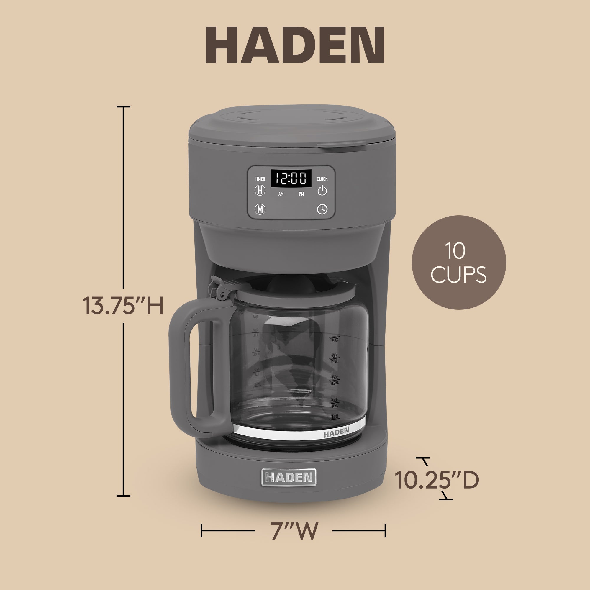 Haden Chelsea 10 Cup Digital Drip Coffee Maker with Glass Carafe, Grey & Chrome - VMInnovations