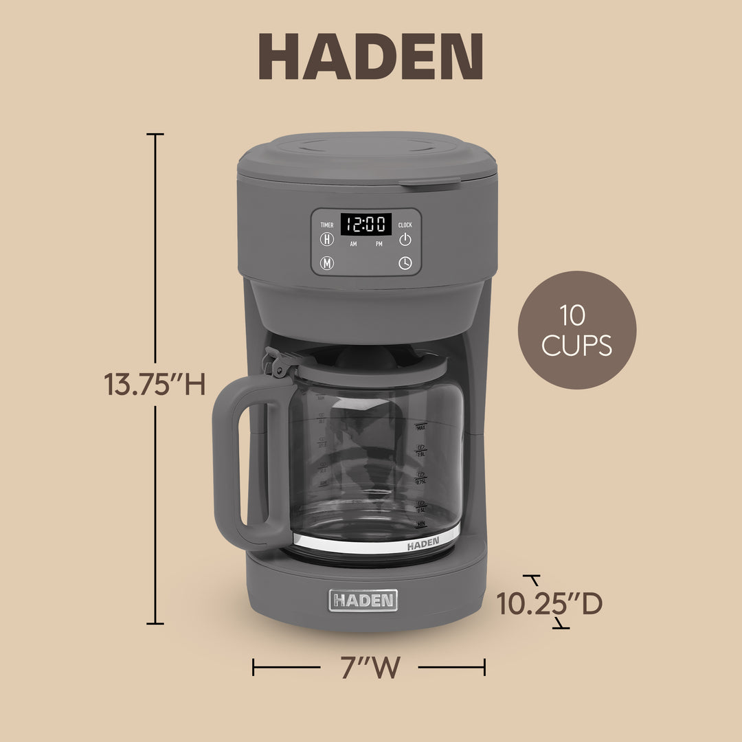 Haden 10 Cup Digital Drip Coffee Maker w/Glass Carafe, Grey & Chrome (Open Box)