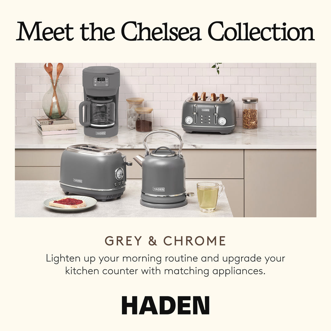 Haden Chelsea 10 Cup Digital Drip Coffee Maker with Glass Carafe, Grey & Chrome