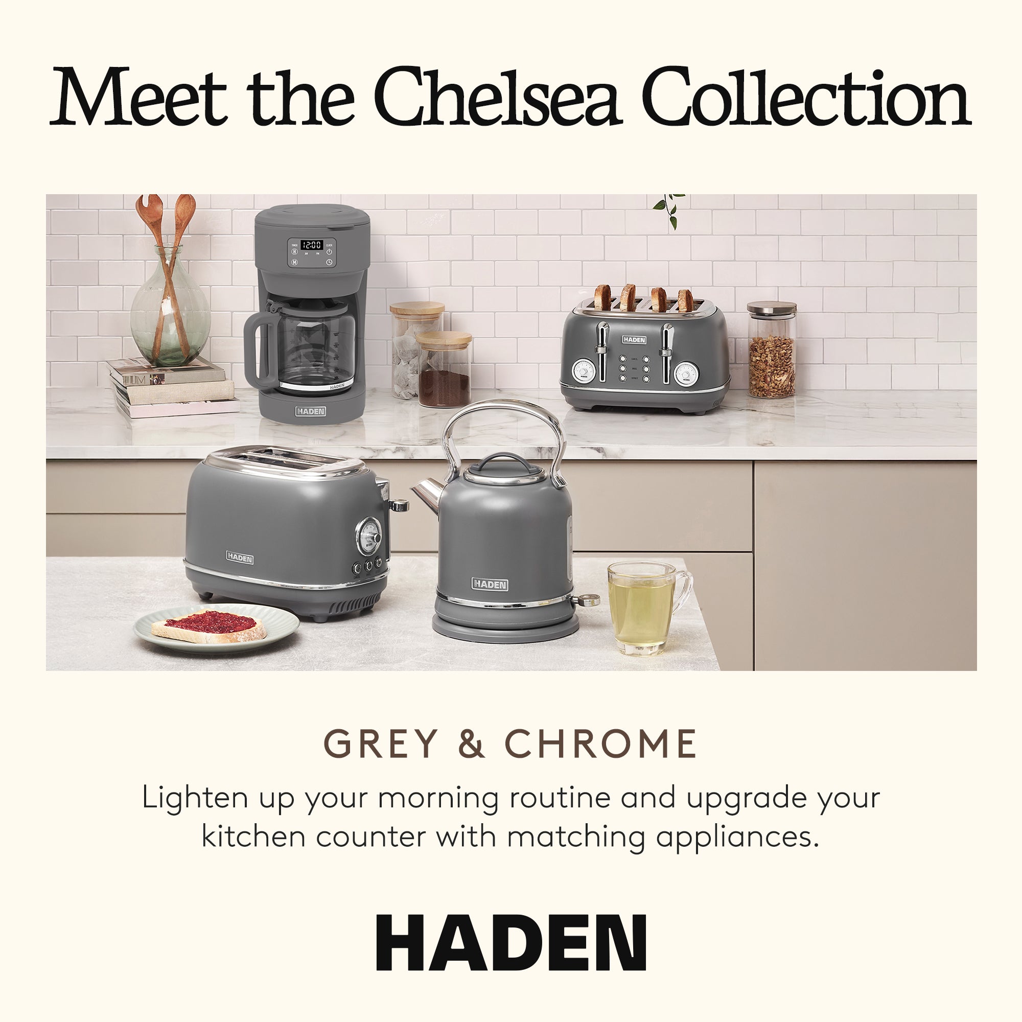 Haden Chelsea 10 Cup Digital Drip Coffee Maker with Glass Carafe, Grey & Chrome - VMInnovations